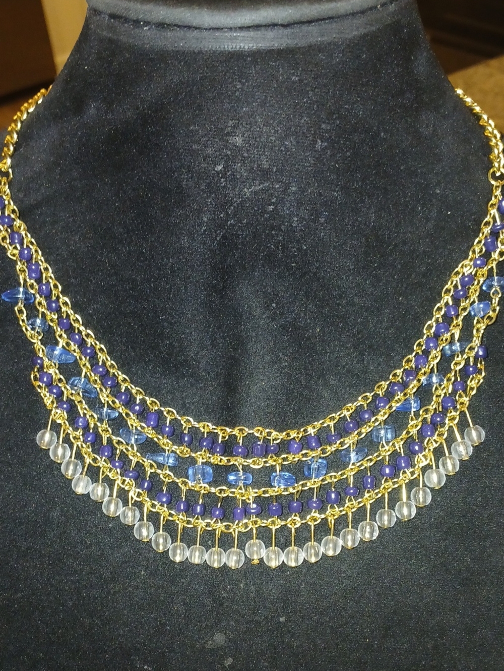 Gold-Tone Multistrand Blue Beaded Statement Necklace